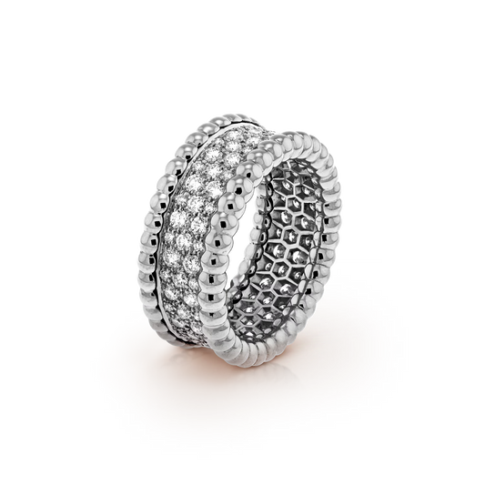 Perlée diamonds ring, 3 rows, rhodium plated 18K white gold, round diamonds.