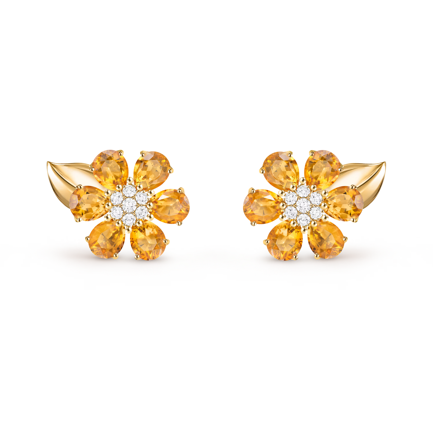 Fleurs d’Hawaï earrings, small model, 18K yellow gold, citrines, round diamonds.