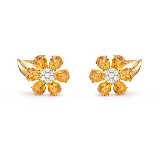 Fleurs d’Hawaï earrings, small model, 18K yellow gold, citrines, round diamonds.