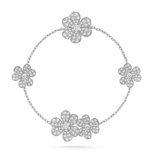Frivole bracelet, 5 flowers, rhodium plated 18K white gold, round diamonds.