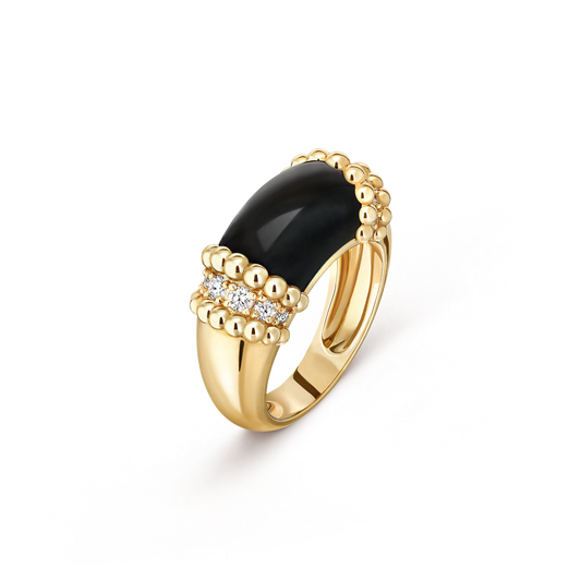 Perlée couleurs ring, 18K yellow gold, onyx, round diamonds.