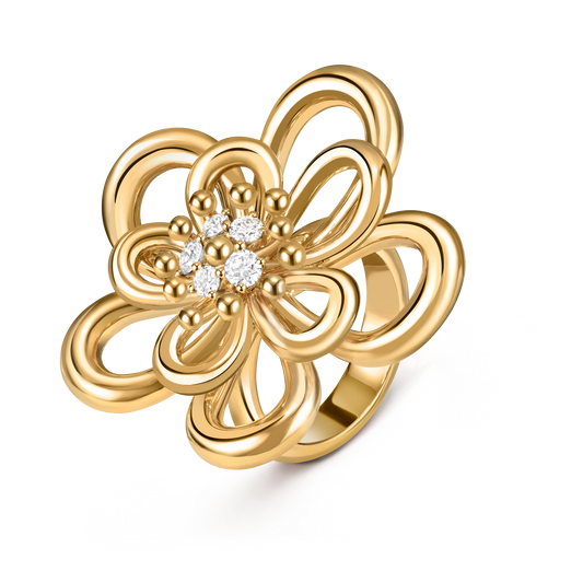 Flowerlace ring, medium model, yellow gold, round diamonds.