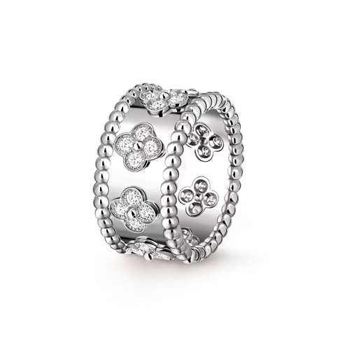 Perlée clovers ring, rhodium plated 18K white gold, round diamonds, small model.