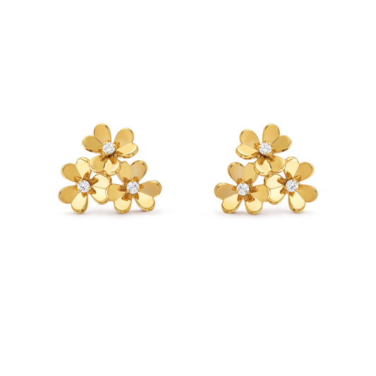 Frivole earrings, 3 flowers, mini model, 18K yellow gold, round diamonds.