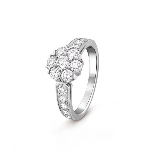 Fleurette ring, rhodium plated 18K white gold, round diamonds.