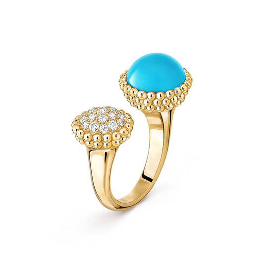 Perlée couleurs Between the Finger ring, 18K yellow gold, turquoise, round diamonds.