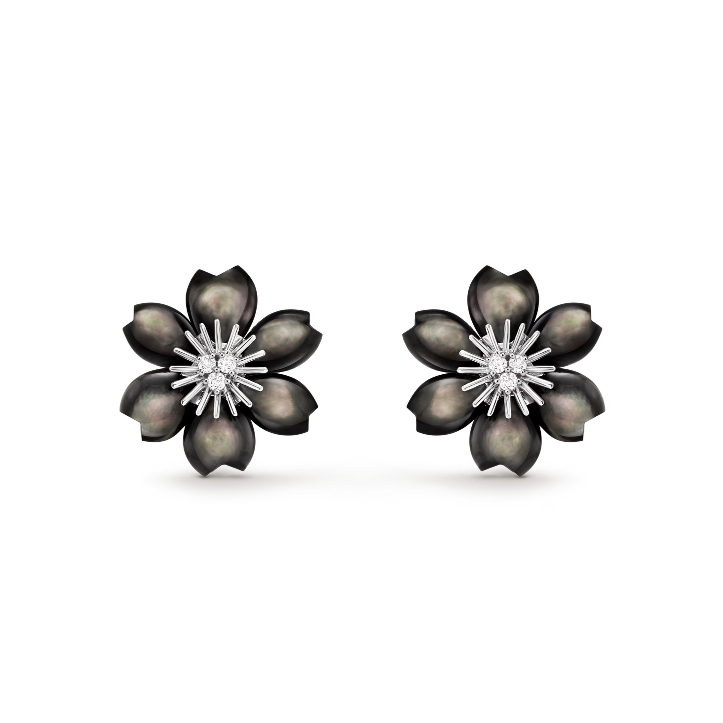 Rose de Noël earrings, mini model, rhodium plated 18K white gold, gray mother-of-pearl, round diamonds.