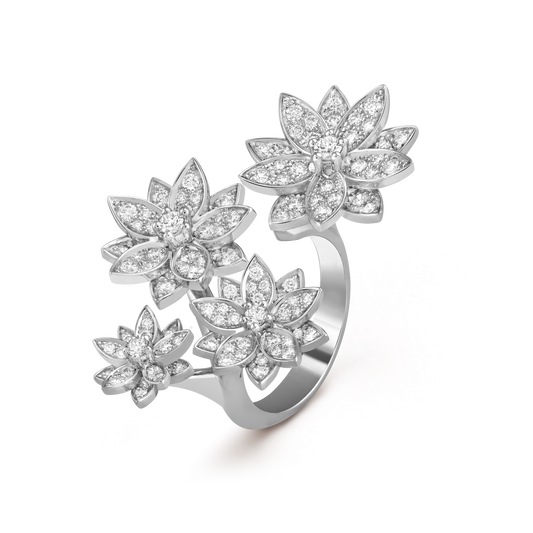 Lotus Between the Finger ring, 4 flowers, rhodium plated 18K white gold, round diamonds.