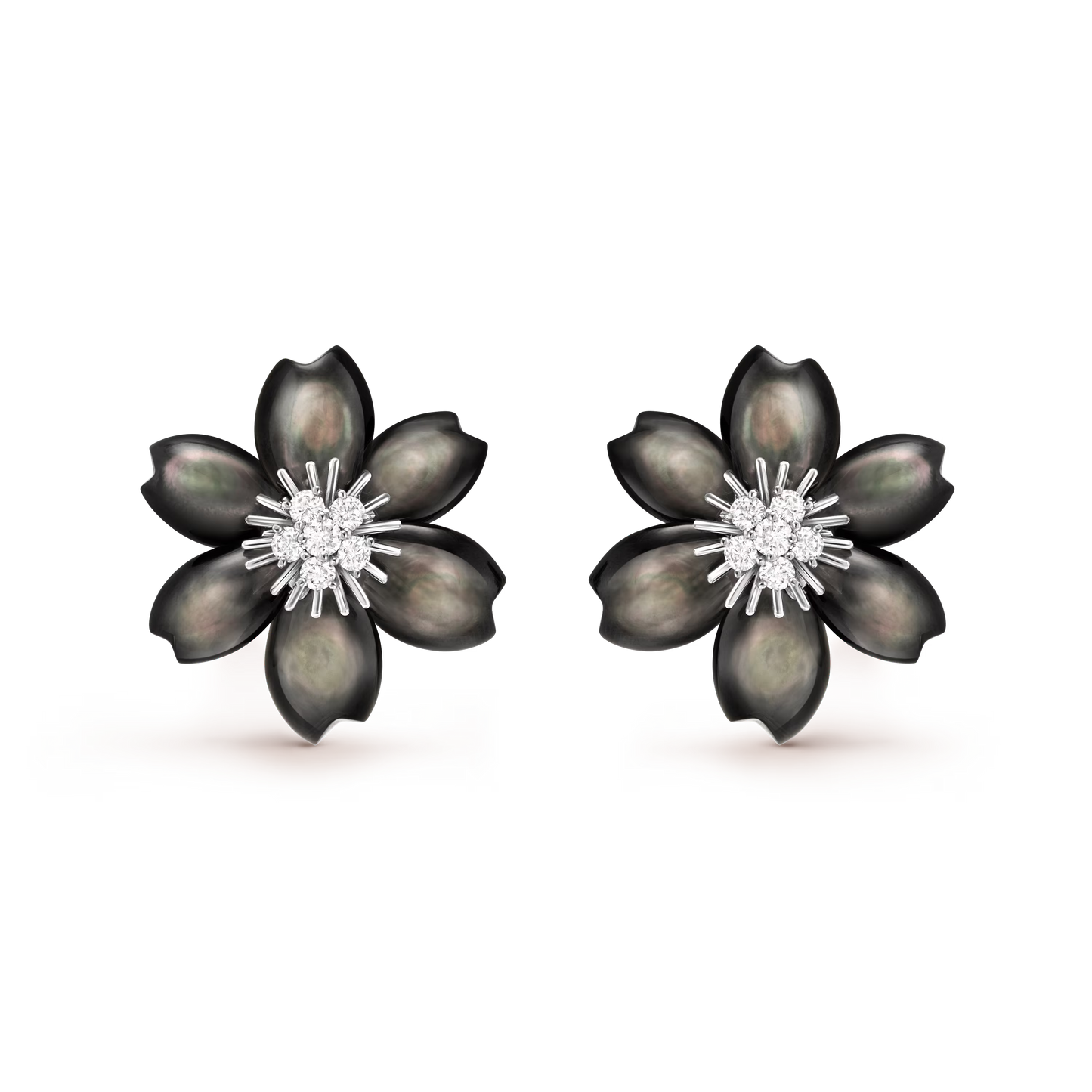 Rose de Noël earrings, small model, rhodium plated 18K white gold, gray mother-of-pearl, round diamonds.
