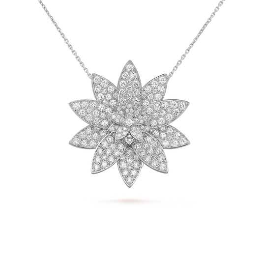 Lotus clip pendant, large model, rhodium plated 18K white gold, round diamonds.