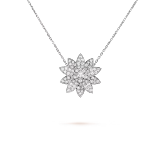 Lotus clip pendant, medium model, rhodium plated 18K white gold, round diamonds.