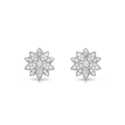Lotus earrings, small model, rhodium plated 18K white gold, round diamonds.
