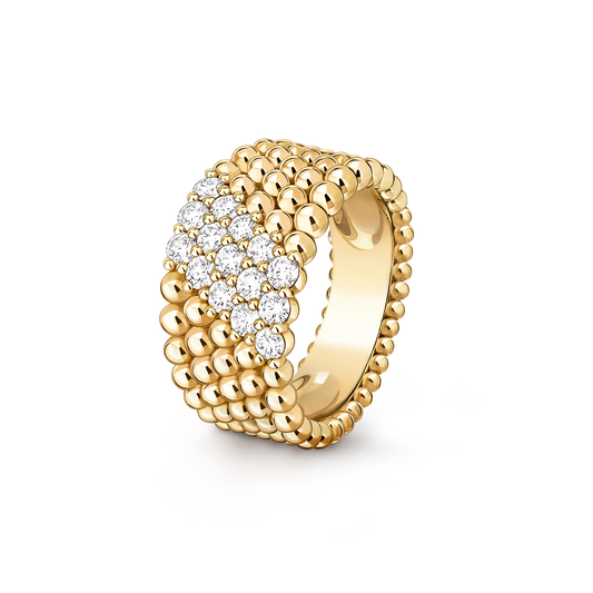 Perlée diamonds ring, 5 rows, 18K yellow gold, round diamonds.