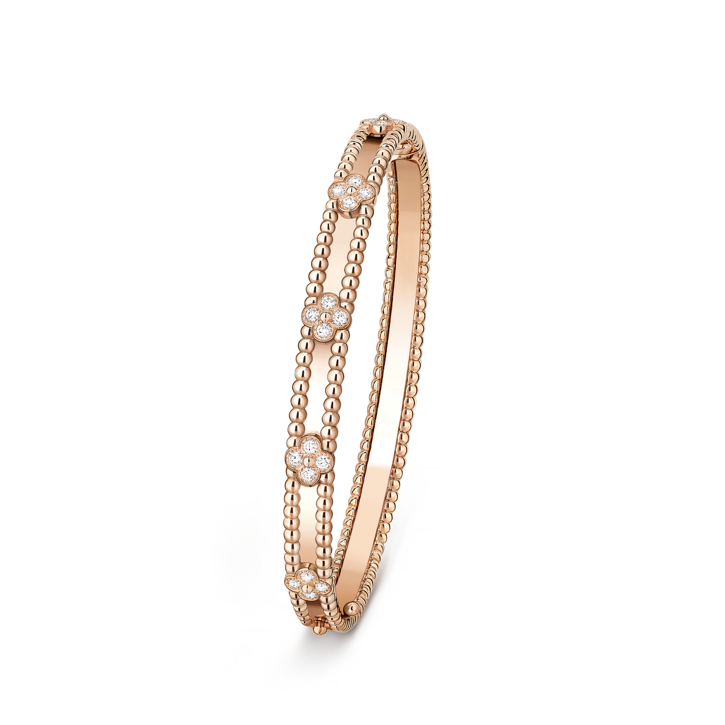 Perlée sweet clovers bracelet, 18K rose gold, round diamonds, medium model.