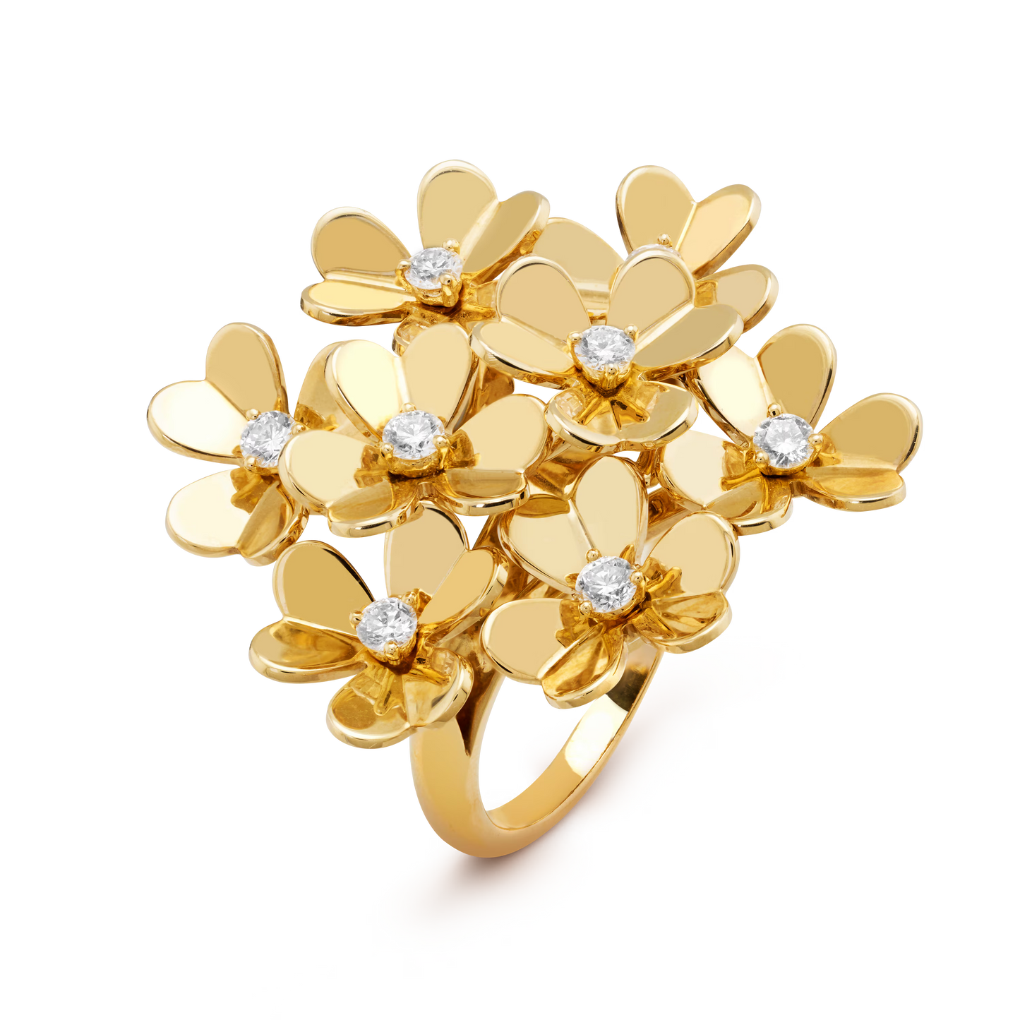 Frivole ring, 8 flowers, 18K yellow gold, round diamonds.