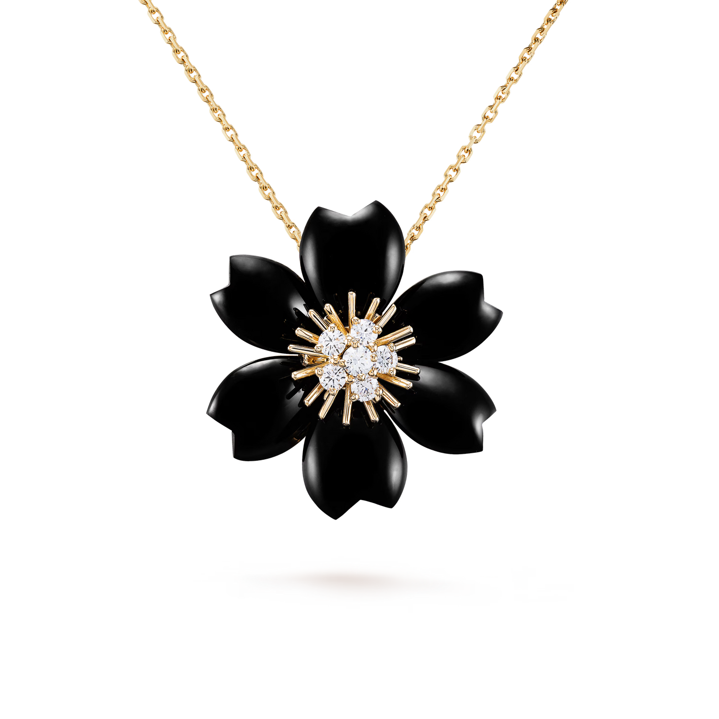 Rose de Noël clip pendant, small model, 18K yellow gold, onyx, round diamonds.