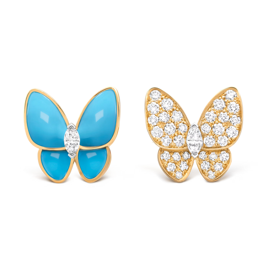Two Butterfly earrings, 18K yellow gold, turquoise, rhodium plated 18K white gold, round and marquise-cut diamonds.