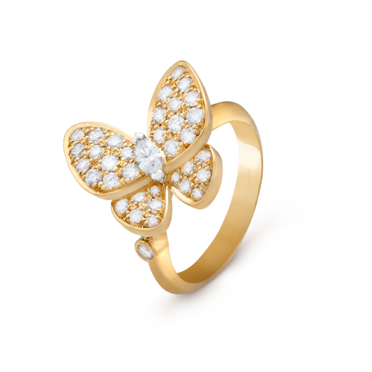 Two Butterfly ring, 18K yellow gold, round diamonds, rhodium plated 18K white gold, marquise-cut diamonds.