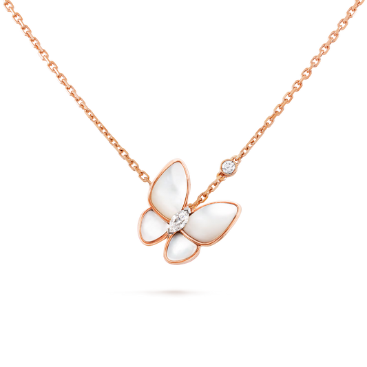 Two Butterfly pendant, 18K rose gold, white mother-of-pearl, rhodium plated 18K white gold, round and marquise diamond.