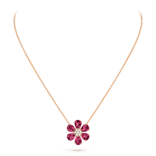 Fleurs d’Hawaï pendant, medium model, 18K rose gold, rhodolites, round diamonds.