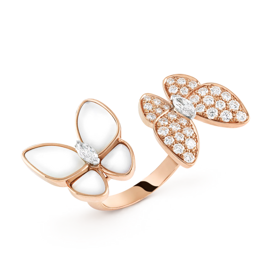 Two Butterfly Between the Finger ring, 18K rose gold, white mother-of-pearl, round and marquise diamonds, rhodium plated 18K white gold.