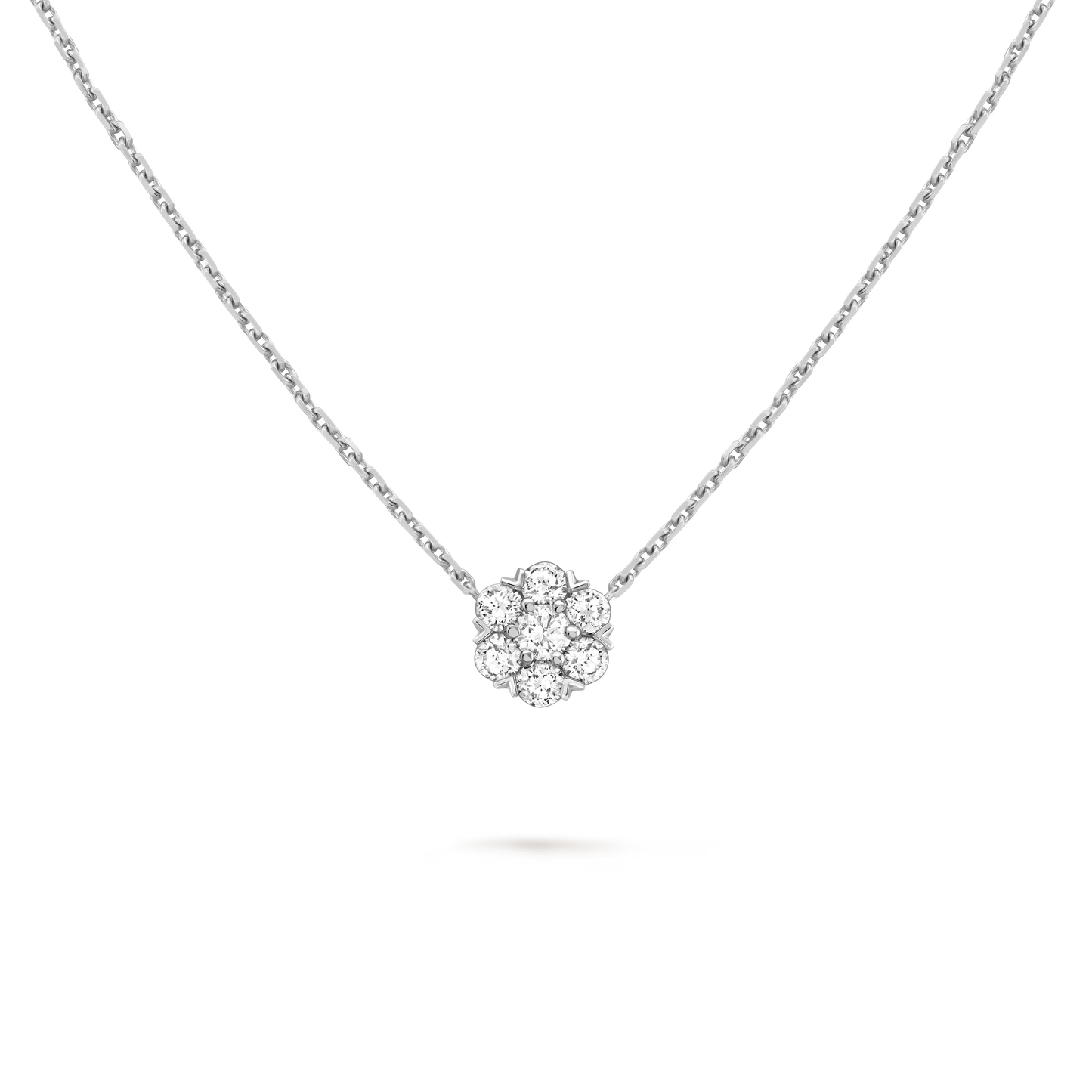 Fleurette pendant, rhodium plated 18K white gold, round diamonds.