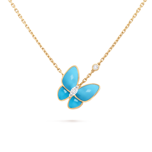 Two Butterfly pendant, 18K yellow gold, turquoise, rhodium plated 18K white gold,round and marquise-cut diamond.