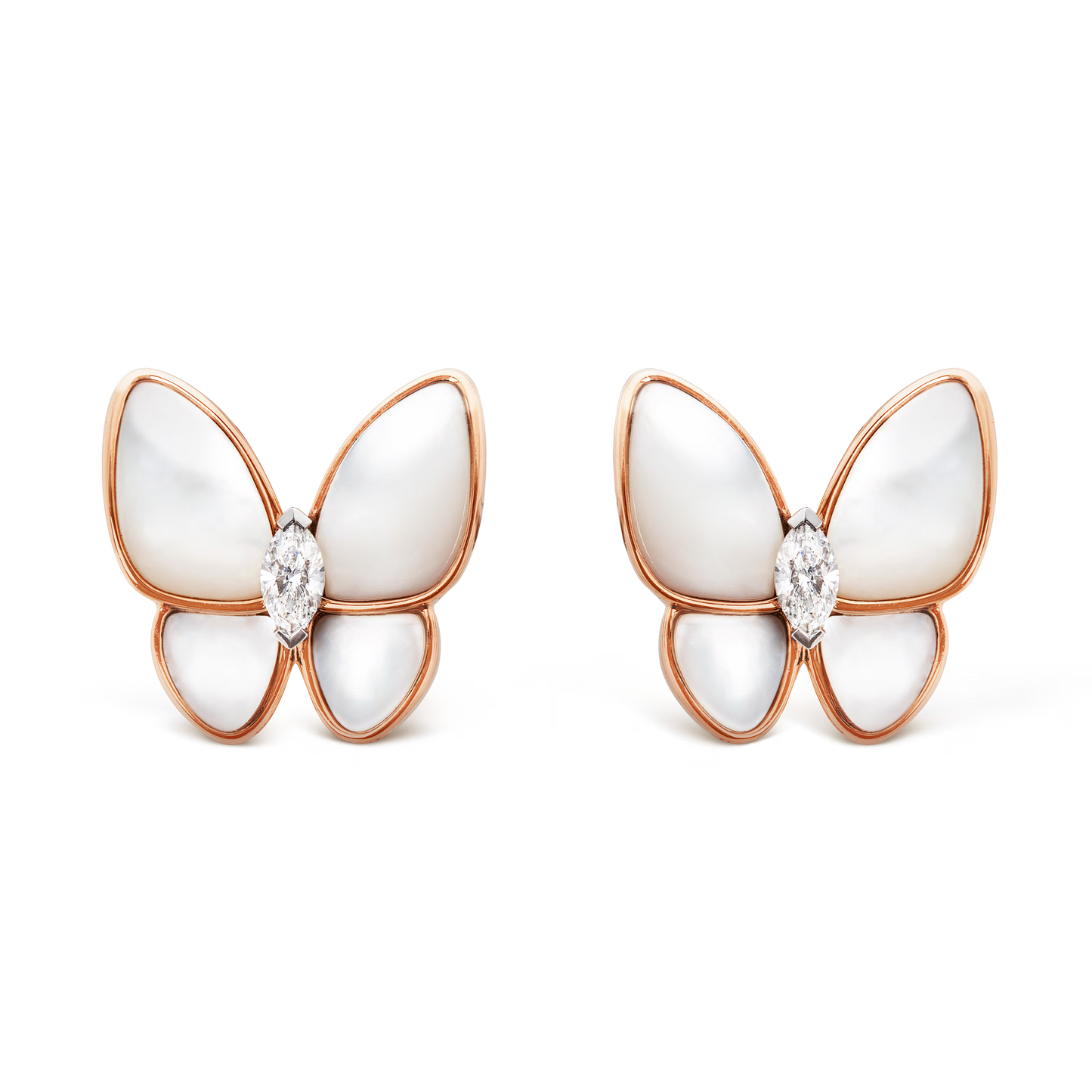 Two Butterfly earrings, 18K rose gold, white mother-of-pearl, rhodium plated 18K white gold, marquise-cut diamonds