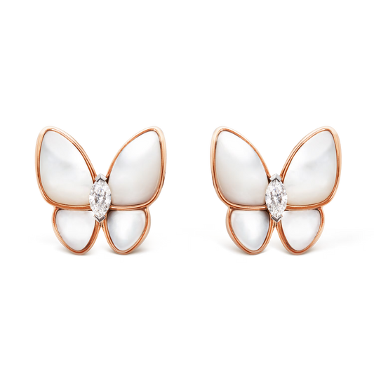 Two Butterfly earrings, 18K rose gold, white mother-of-pearl, rhodium plated 18K white gold, marquise-cut diamonds
