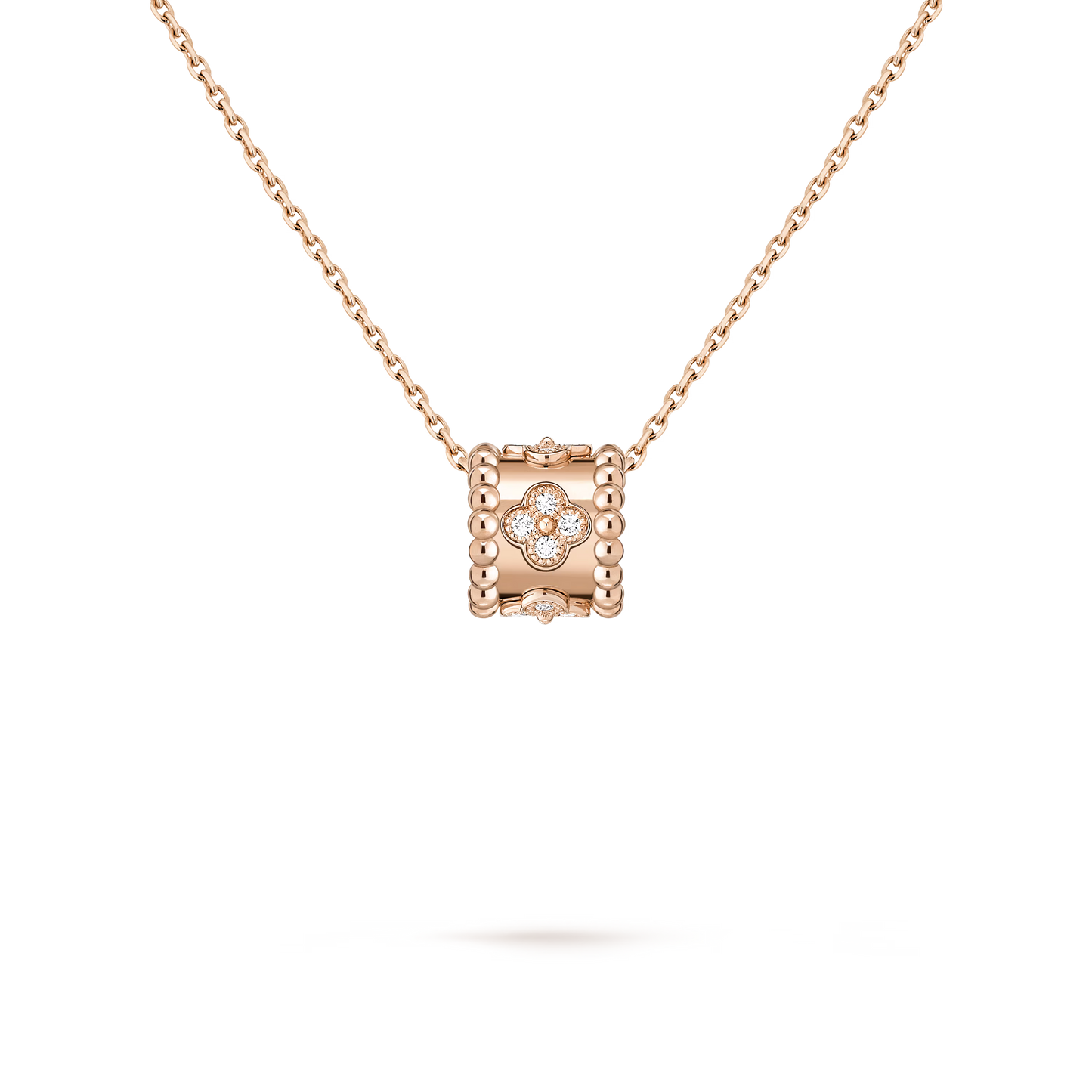 Perlée clovers pendant, 18K rose gold, round diamonds.
