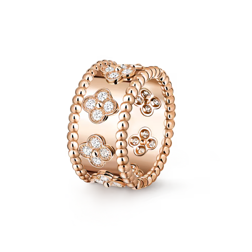 Perlée clovers ring, 18K rose gold, round diamonds, small model.