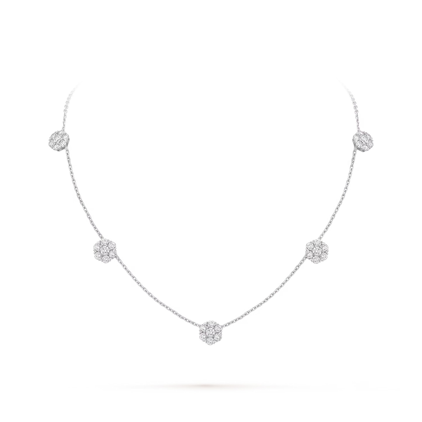 Fleurette necklace, 5 flowers, rhodium plated 18K white gold, round diamonds.