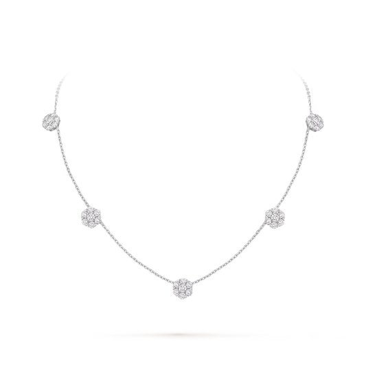 Fleurette necklace, 5 flowers, rhodium plated 18K white gold, round diamonds.