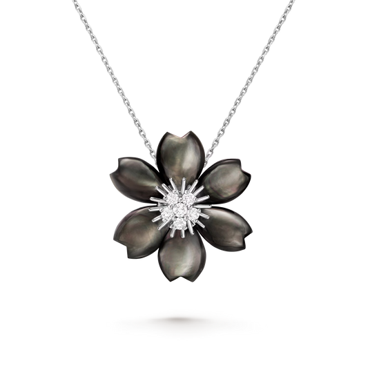 Rose de Noël clip pendant, small model, rhodium plated 18K white gold, gray mother-of-pearl, round diamonds.