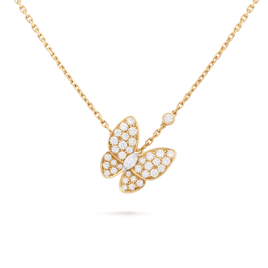 Two Butterfly pendant, 18K yellow gold, round diamonds, rhodium plated 18K white gold, marquise-cut diamonds.