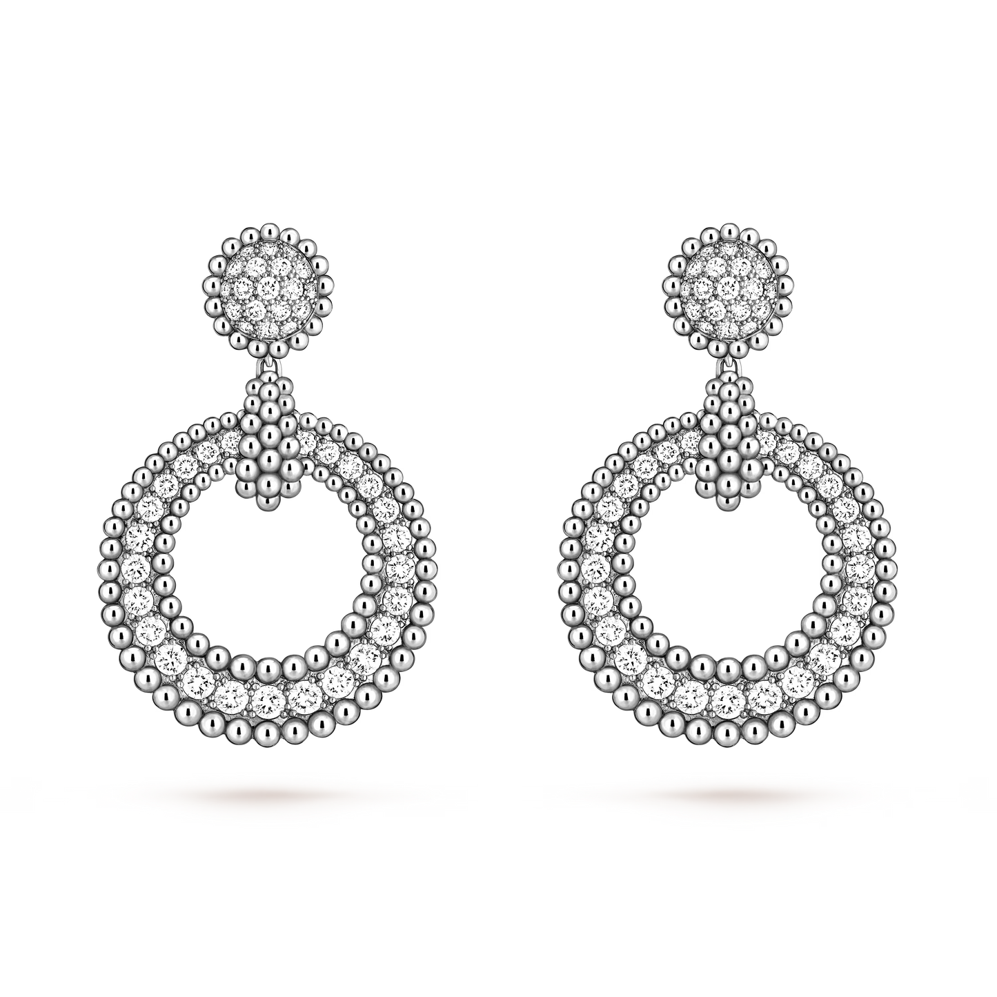 Perlée diamonds earrings, rhodium plated 18K white gold, round diamonds.