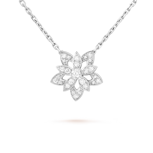 Lotus openwork pendant, mini model, rhodium plated 18K white gold, round diamonds.
