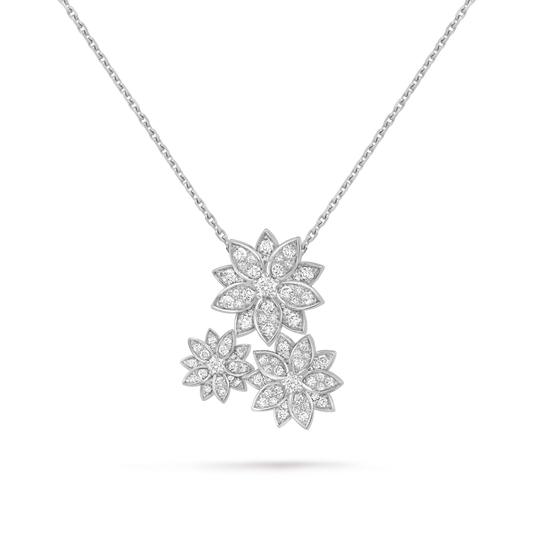 Lotus pendant, 3 flowers, rhodium plated 18K white gold, round diamonds