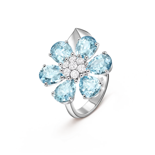 Fleurs d’Hawaï ring, large model, 18K white gold, aquamarines, round diamonds.