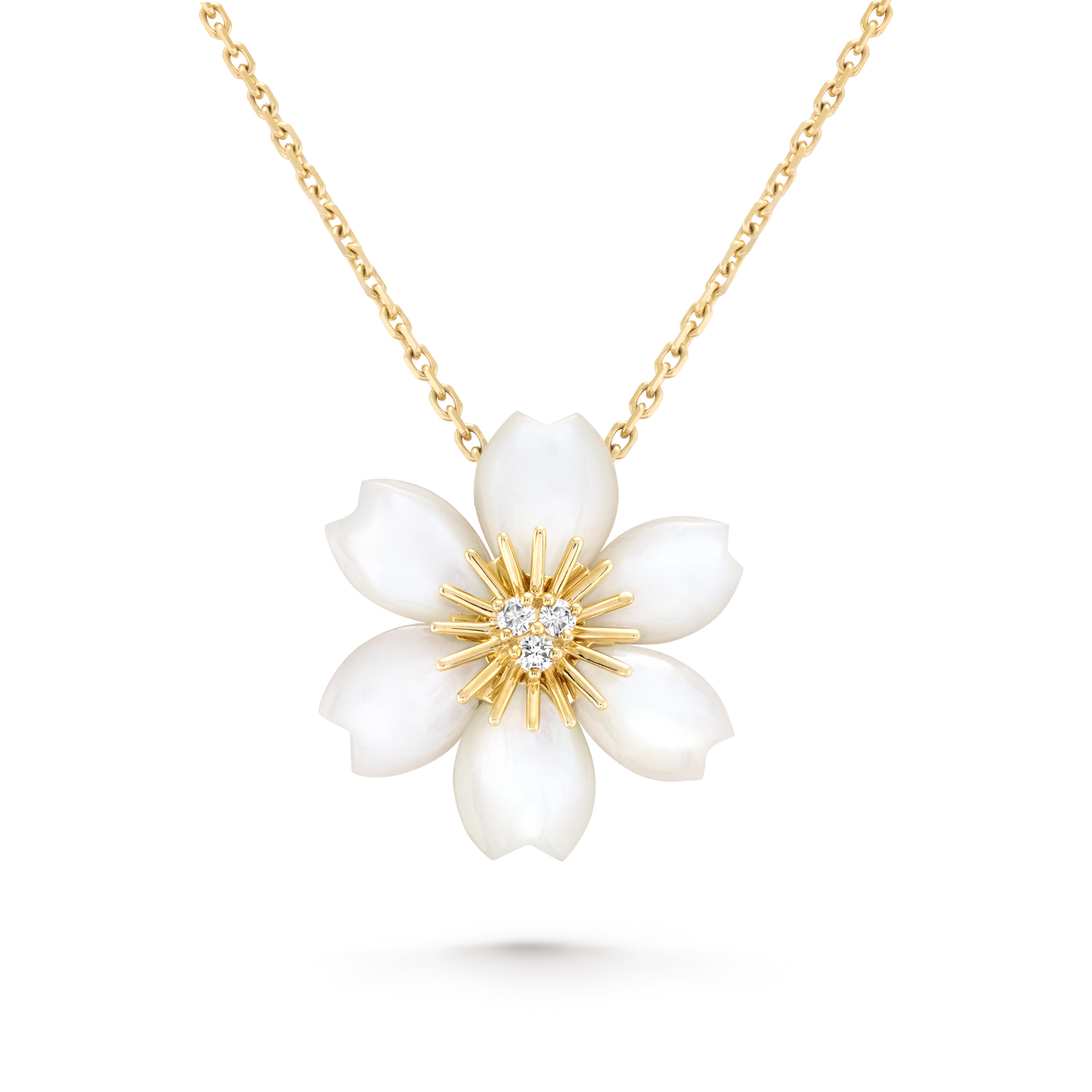 Rose de Noël pendant, mini model, 18K yellow gold, white mother-of-pearl, round diamonds.
