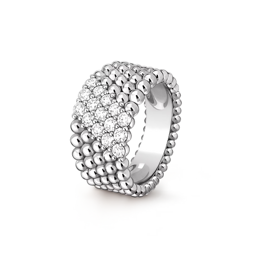 Perlée diamonds ring, 5 rows, rhodium plated 18K white gold, diamonds.