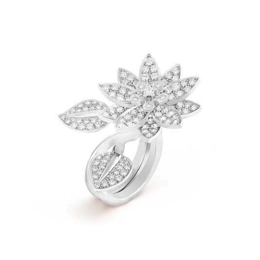 Lotus Between the Finger ring, rhodium plated 18K white gold, round diamonds.