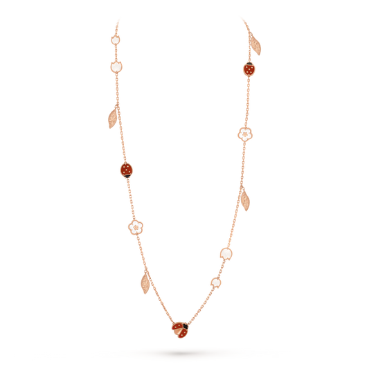 Lucky Spring long necklace, 15 motifs, 18K rose gold, white mother-of-pearl, carnelian, onyx.