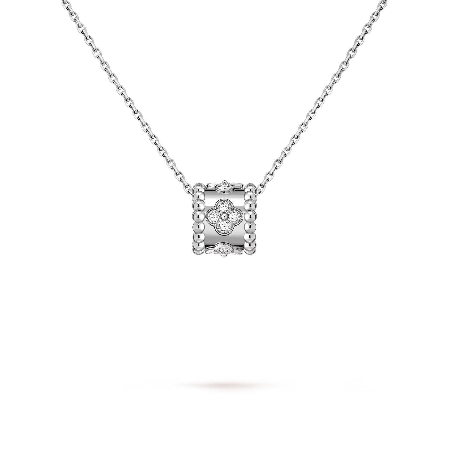 Perlée clovers pendant, rhodium plated 18K white gold, round diamonds.
