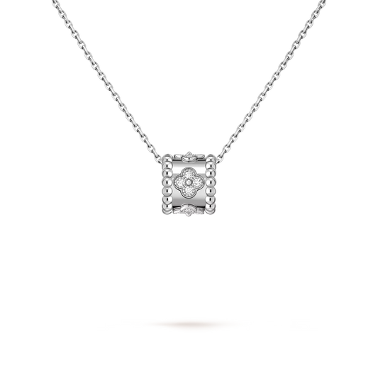 Perlée clovers pendant, rhodium plated 18K white gold, round diamonds.