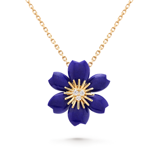 Rose de Noël pendant, mini model, 18K yellow gold, lapis lazuli, round diamonds.