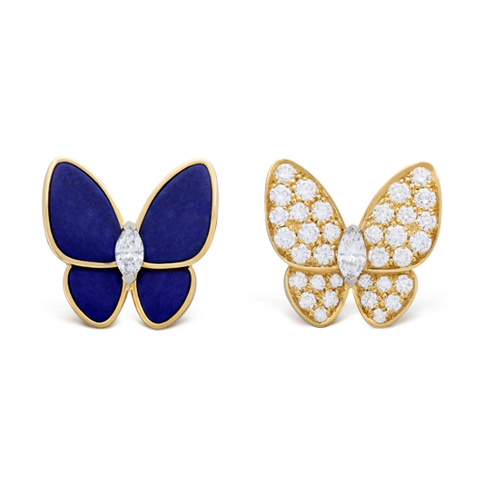Two Butterfly earrings, 18K yellow gold, lapis lazuli, rhodium plated 18K white gold, round and marquise-cut diamonds.