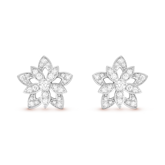Lotus openwork earrings, mini model, rhodium plated 18K white gold, round diamonds.