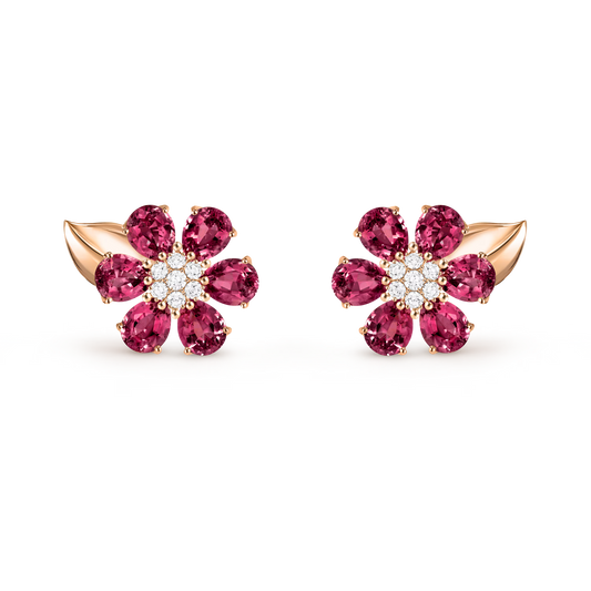 Fleurs d’Hawaï earrings, small model, 18K rose gold, rhodolites, round diamonds.