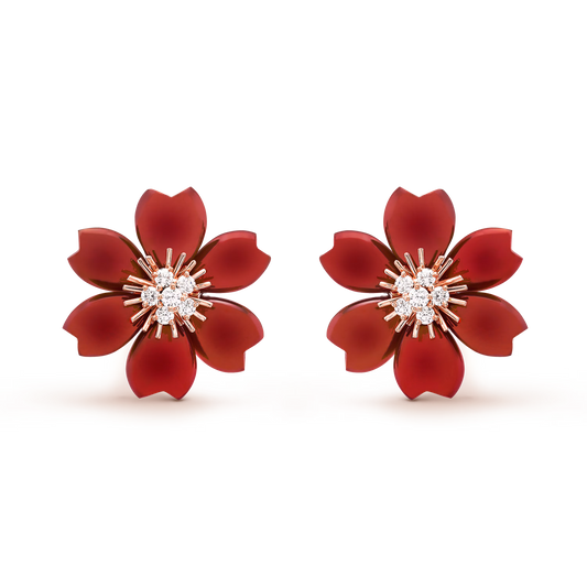 Rose de Noël earrings, small model, 18K rose gold, carnelian, round diamonds.